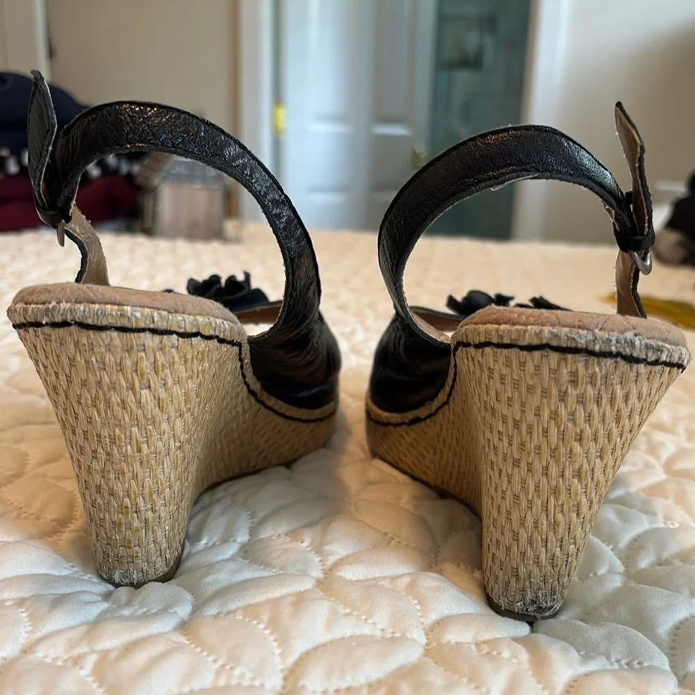 b.o.c. Black Espadrille Slingback 3.5” Straw Woven Heels Shoes Floral Sandals